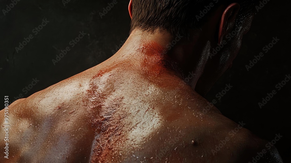 Naklejka premium Close-up of a man's back showcasing skin texture and scars, highlighting human vulnerability and strength.