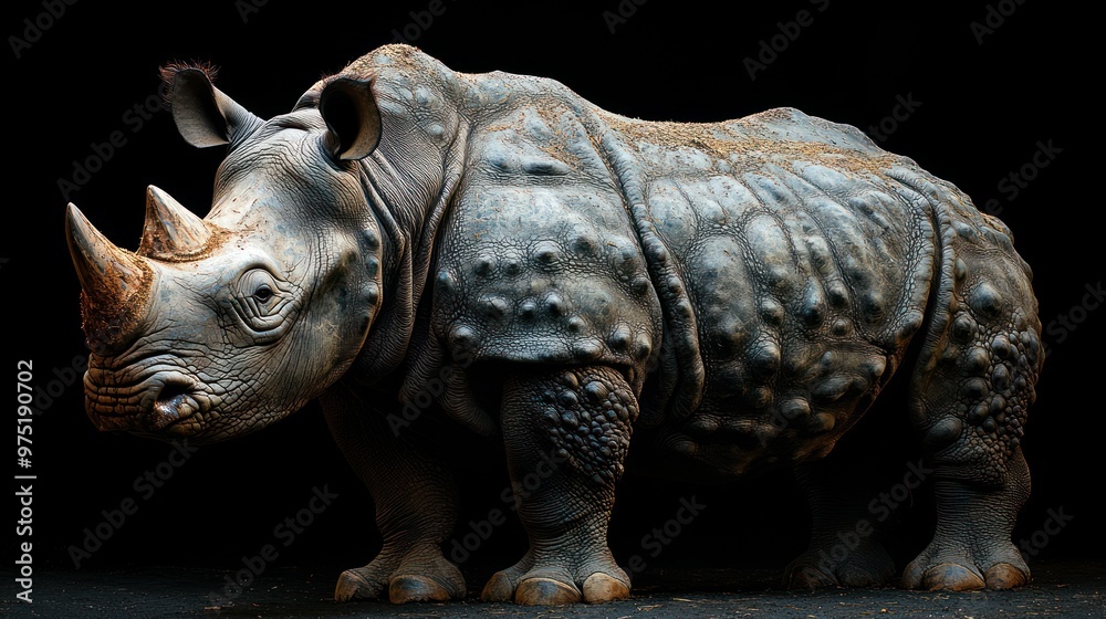 Fototapeta premium A detailed sculpture of a rhinoceros against a dark background.