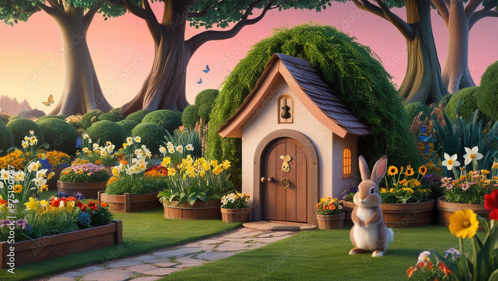 Fototapeta premium Small house and garden for cute rabbits.