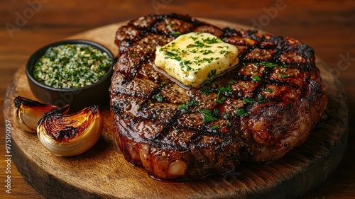 Perfectly grilled dryaged steak served with compound butter, herbs, and a side of roasted garlic, set on a wooden table