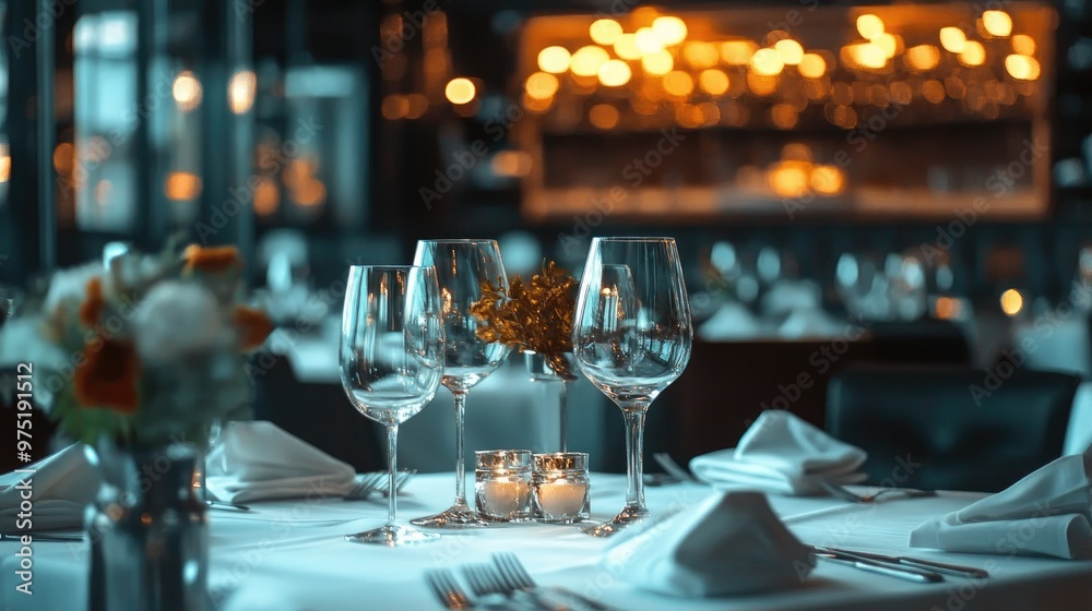Chic restaurant interior with stylish furniture elegant table settings Chic restaurant interior with stylish furniture elegant table settings