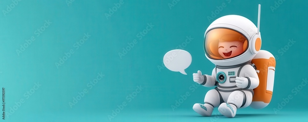 Cartoon cosmonaut with speech bubble on teal backdrop Cartoon cosmonaut with speech bubble on teal backdrop