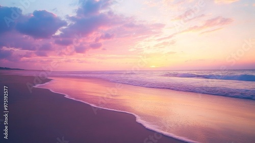 Sunset Serenity: Pink & Orange Sky over Calm Beach Waves