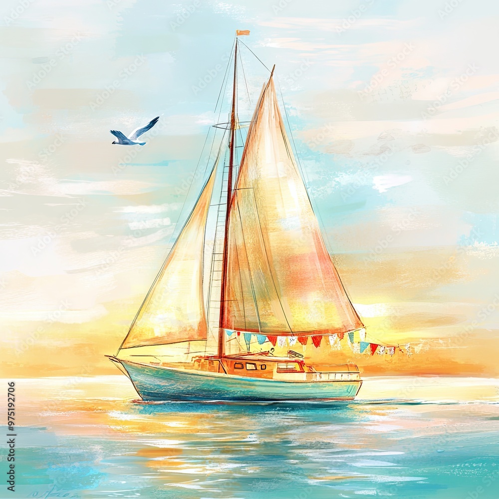 Fototapeta premium Serene Sailing Scene at Sunset with Colorful Sailboat