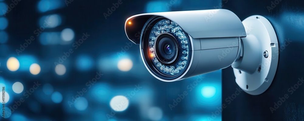 Security camera mounted on a wall with a blue bokeh background.