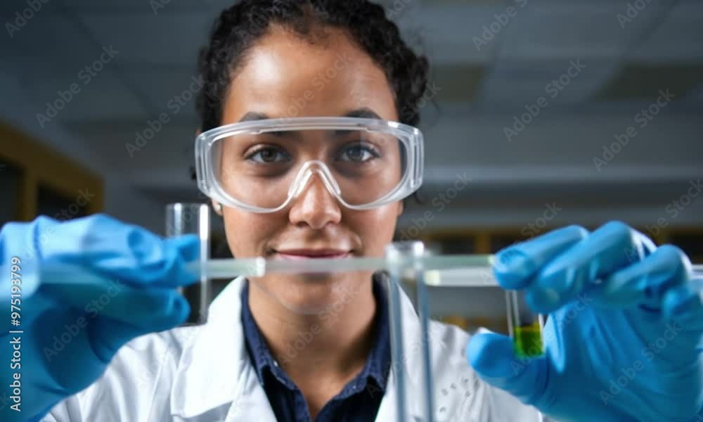 A young female scientist of Middle-Eastern descent, wearing safety goggles and a lab coat, with a look of concentration as she observes a chemical reaction.. A young female scientist of Middle-Eastern descent, wearing safety goggles and a lab coat, with a look of concentration as she observes a chemical reaction..