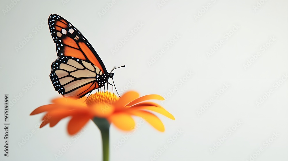 Fototapeta premium 6. **An artistic 3D render of a delicate butterfly perched on a flower, with a clean white backdrop