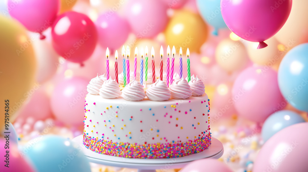 Festive Birthday Background with Balloons and Cake with Candles Festive Birthday Background with Balloons and Cake with Candles
