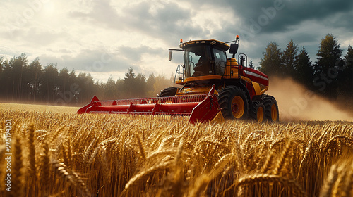 a red and yellow harvester working in a wheat field