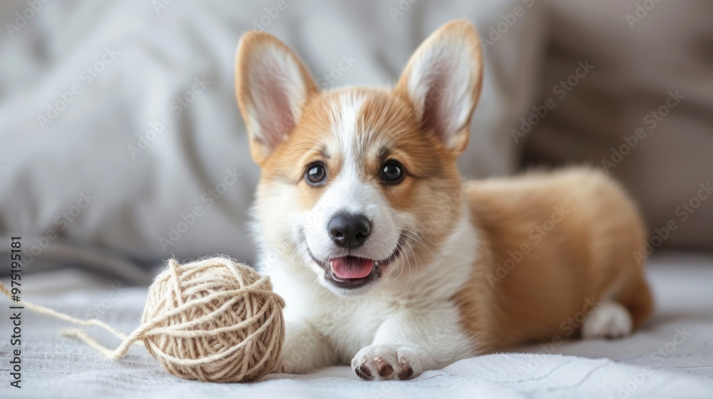A Pembroke Welsh Corgi puppy playing with a ball of yarn A Pembroke Welsh Corgi puppy playing with a ball of yarn