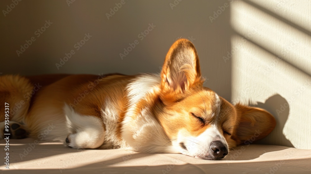 A Pembroke Welsh Corgi sleeping peacefully in a sunbeam A Pembroke Welsh Corgi sleeping peacefully in a sunbeam