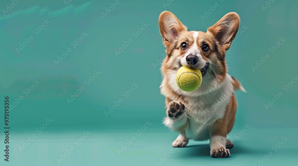 A Pembroke Welsh Corgi with fluffy fur, big ears, and a wagging tail, standing on its hind legs and holding a tennis ball in its mouth A Pembroke Welsh Corgi with fluffy fur, big ears, and a wagging tail, standing on its hind legs and holding a tennis ball in its mouth