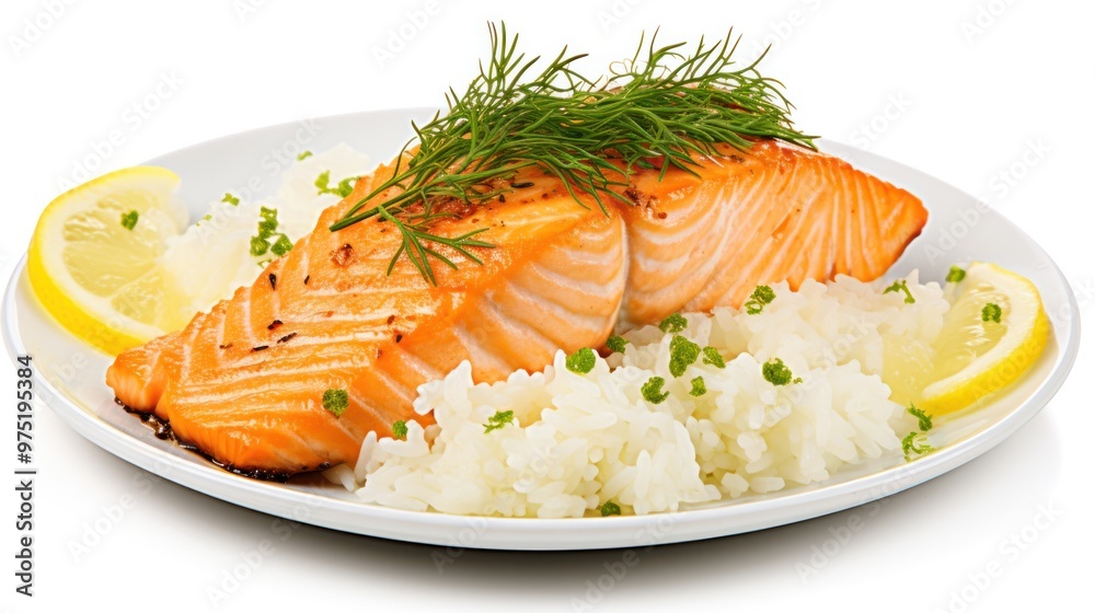 A perfectly cooked salmon fillet with crispy skin, resting on a bed of fluffy white rice, garnished with a sprig of dill and a squeeze of lemon. A perfectly cooked salmon fillet with crispy skin, resting on a bed of fluffy white rice, garnished with a sprig of dill and a squeeze of lemon.