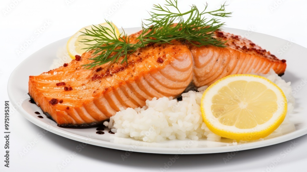 A perfectly cooked salmon fillet with crispy skin, resting on a bed of fluffy white rice, garnished with a sprig of dill and a squeeze of lemon. A perfectly cooked salmon fillet with crispy skin, resting on a bed of fluffy white rice, garnished with a sprig of dill and a squeeze of lemon.