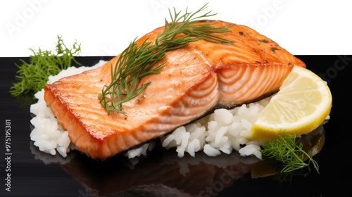 A perfectly cooked salmon fillet with crispy skin, resting on a bed of fluffy white rice, garnished with a sprig of dill and a squeeze of lemon.