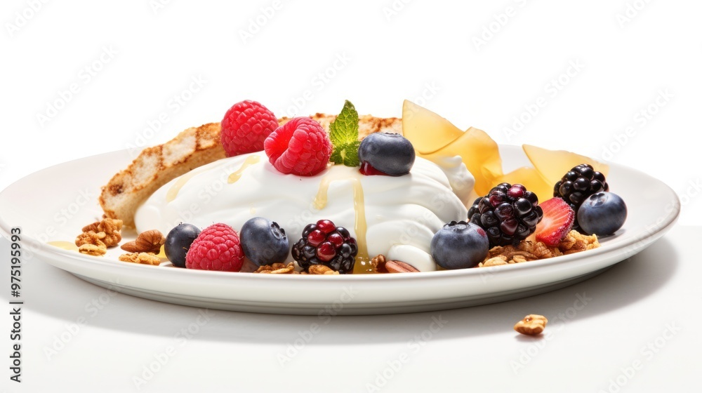 A platter of Greek yogurt topped with fresh berries, granola, and a drizzle of honey A platter of Greek yogurt topped with fresh berries, granola, and a drizzle of honey