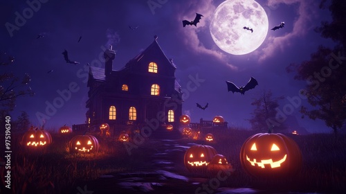 Pixar-Style Haunted House: Spooky Fun with Glowing Pumpkins and Bats photo