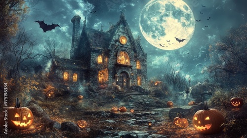 Haunted House Under a Full Moon: Pumpkins, Bats, and Spooky Thrills