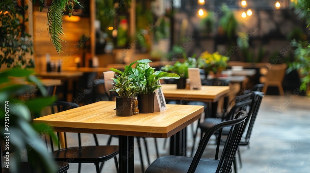 Stylish Cafe with Black Chairs, Wooden Tables, and Lush Greenery 1