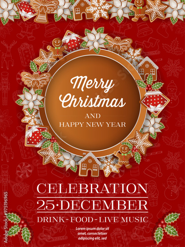 christmas celebration poster with gingerbread cookies. christmas background with sweets