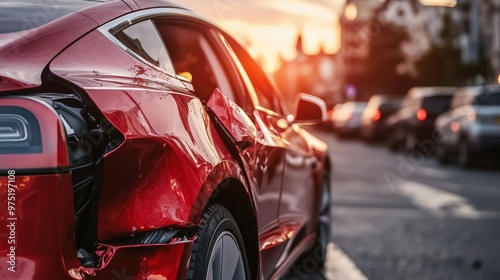 Electric car accident damaged vehicle showing shattered parts, crash impact. AI generated