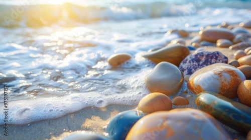 A serene beach scene showcasing a collection of smooth, multicolored rocks, their delicate textures and vibrant colors creating a mesmerizing visual spectacle.