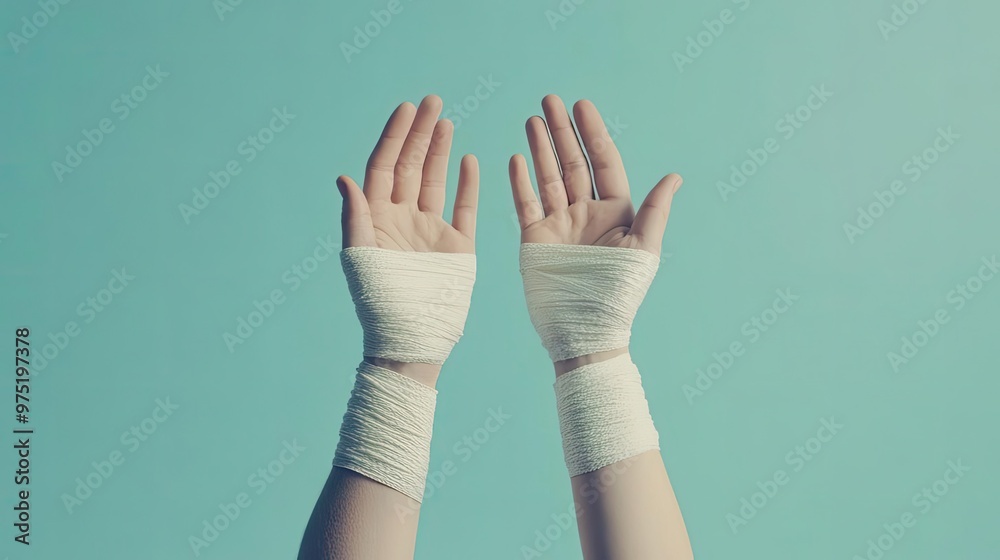 A pair of hands with bandaged wrists raised against a soft turquoise background, symbolizing healing and resilience. A pair of hands with bandaged wrists raised against a soft turquoise background, symbolizing healing and resilience.