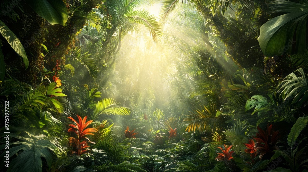 Obraz premium Exotic Jungle Paradise: Vibrant Wildlife & Sun-Dappled Canopy