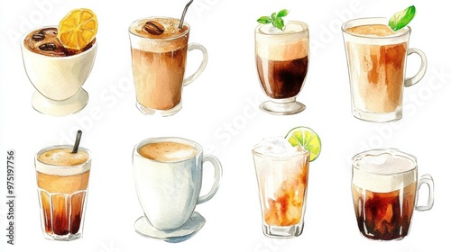 World Coffee Tour: Vibrant Watercolor Collection of Espresso, Cappuccino & Iced Coffee