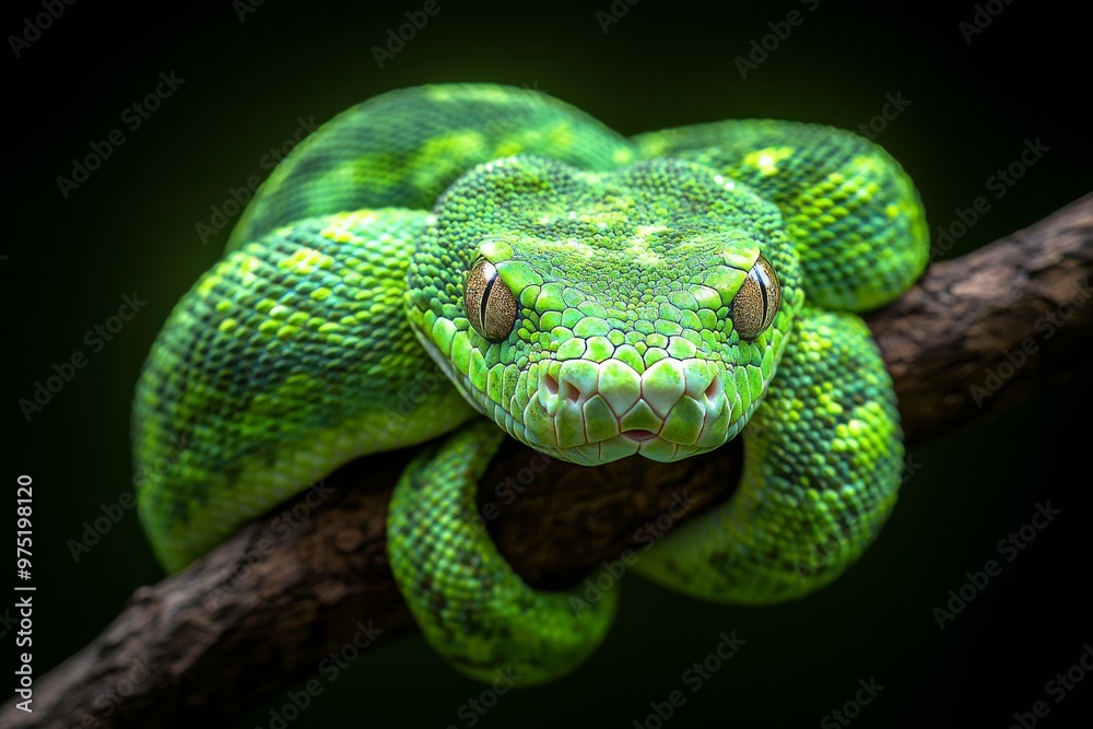 Fototapeta premium A modern and sleek digital illustration of a snake coiled around a branch symbolizing natural cycles and growth with shades of green and brown and metallic accents