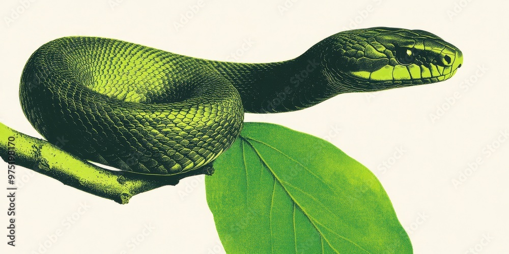 Obraz premium A modern and sleek digital illustration of a snake coiled around a branch symbolizing natural cycles and growth with shades of green and brown and metallic accents