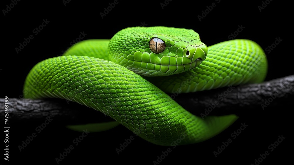 A modern and sleek digital illustration of a snake coiled around a branch symbolizing natural cycles and growth with shades of green and brown and metallic accents