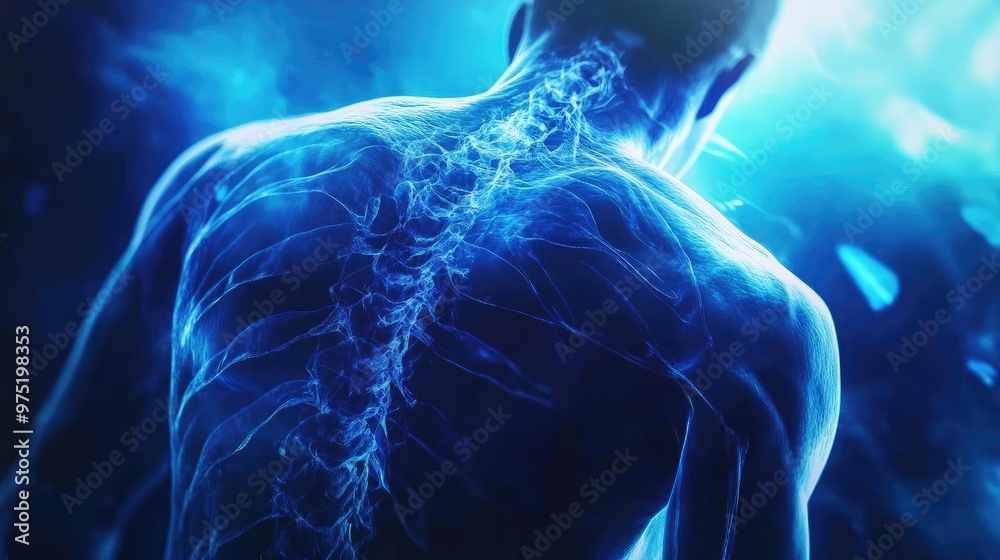 Artistic representation of a human spine illuminated with blue light, symbolizing vitality and inner strength. Artistic representation of a human spine illuminated with blue light, symbolizing vitality and inner strength.