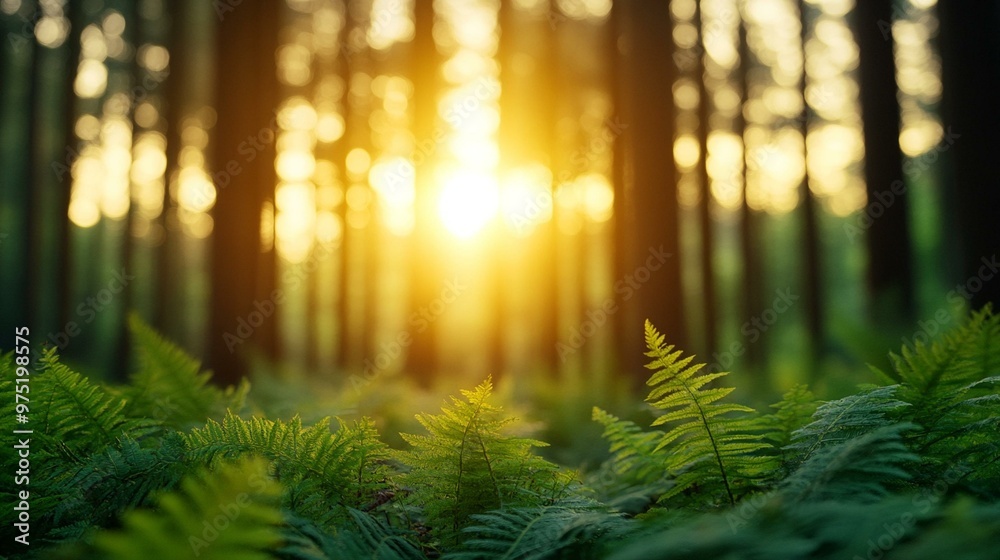 A tranquil forest scene with lush ferns and warm sunlight filtering through tall trees, creating a serene and peaceful atmosphere. A tranquil forest scene with lush ferns and warm sunlight filtering through tall trees, creating a serene and peaceful atmosphere.