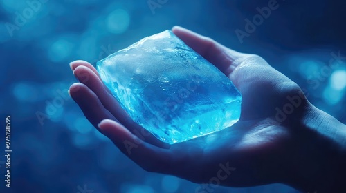 A serene blue ice cube held gently in a hand, capturing the essence of cool and tranquility in a mystical ambiance. photo