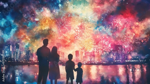 Family Fireworks Night: Watercolor City Skyline Painting