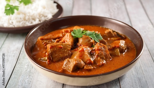 A delicious Indian butter chicken curry dish in a terracotta bowl, with tender chicken pieces simmered in a rich, creamy tomato-based sauce, garnished with fresh cilantro and served on a rustic wooden