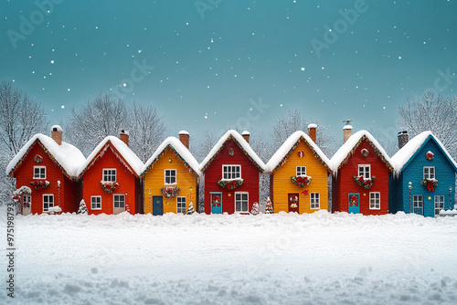 Snow-covered homes and streets form a tranquil winter landscape, copy space background