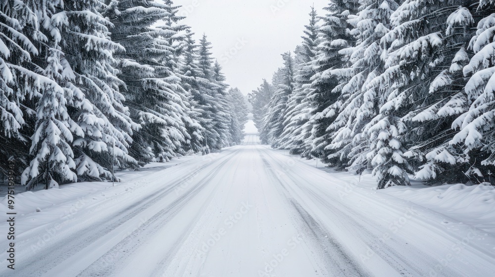 Fototapeta premium A snow-covered road lined with snow-covered pine trees