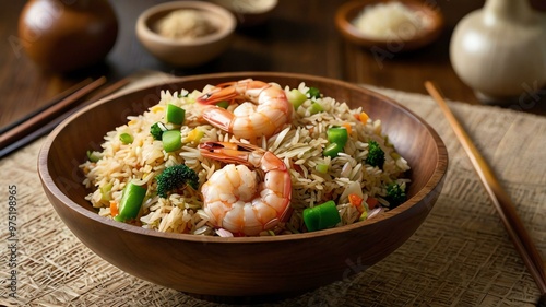 leonardo kino xl garlic shrimp fried rice fried rice featuring served aesthetically in a wooden bowl and table