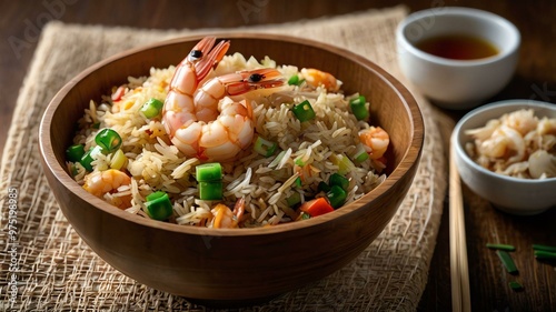 leonardo kino xl garlic shrimp fried rice fried rice featuring served aesthetically in a wooden bowl and table