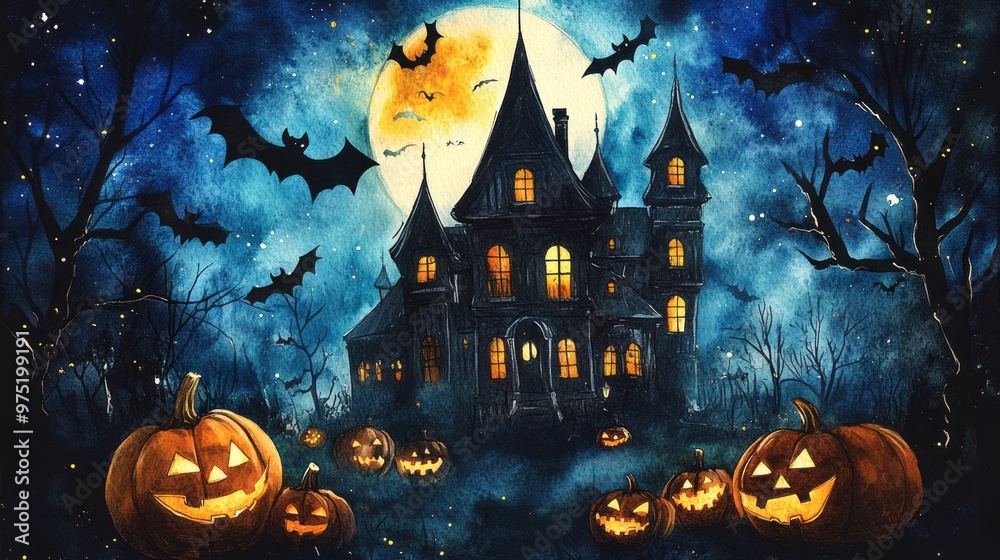 Spooky Watercolor Haunted House with Full Moon and Pumpkins - Halloween Art Print 1 Spooky Watercolor Haunted House with Full Moon and Pumpkins - Halloween Art Print 1