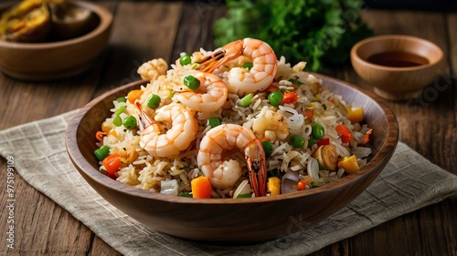 leonardo kino xl seafood fried rice a combination of various served aesthetically in a wooden bowl and table