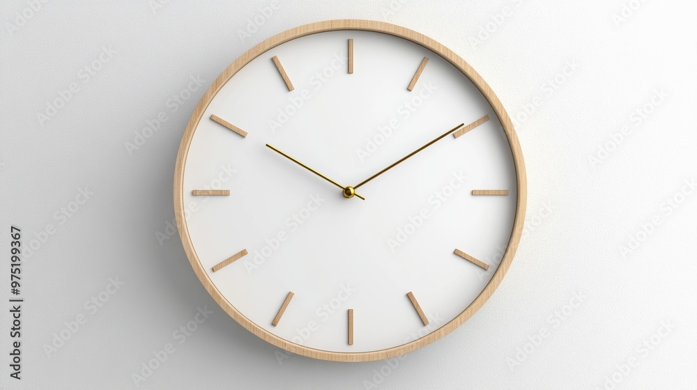 Minimalist wall clock with wooden frame on white background, modern design concept Minimalist wall clock with wooden frame on white background, modern design concept