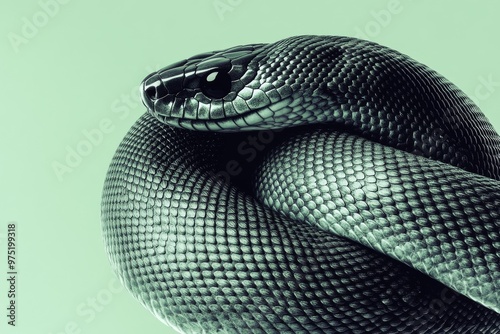 A modern and sleek digital illustration of a snake coiled in a spiral symbolizing cycles of life and regeneration with metallic green and silver accents photo