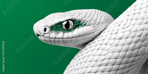 A modern and sleek digital illustration of a snake coiled in a spiral symbolizing cycles of life and regeneration with metallic green and silver accents photo