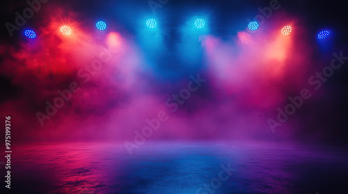 An empty stage with colorful spotlights and smoke, creating an atmospheric background for a concert or performance