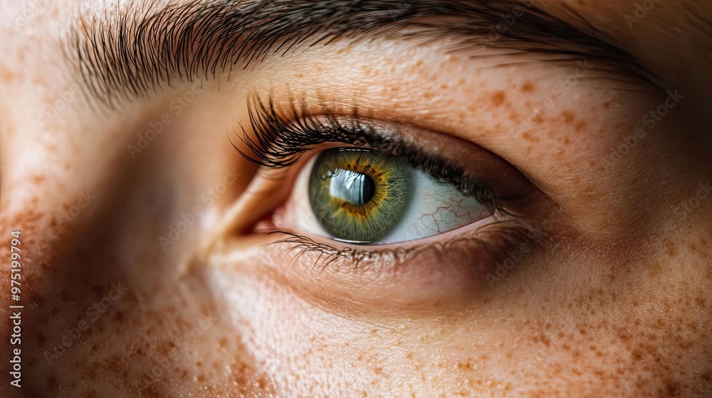 Close-up of a green eye with freckles, showcasing intricate details and vibrant colors that evoke curiosity and emotion. Close-up of a green eye with freckles, showcasing intricate details and vibrant colors that evoke curiosity and emotion.