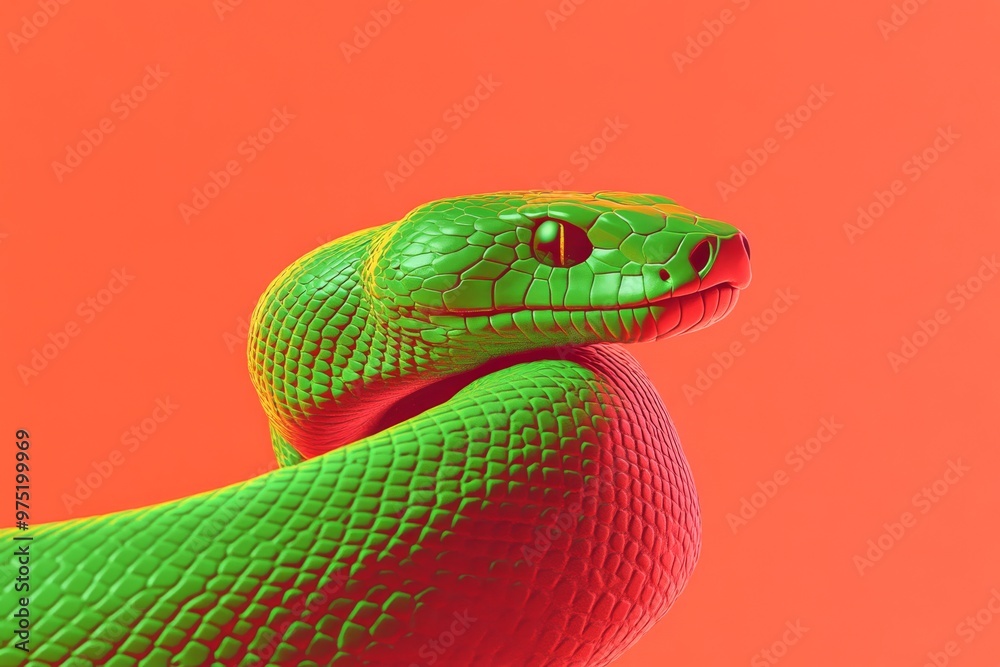 Obraz premium A modern and sleek digital illustration of a snake with a glowing aura coiled in a circle symbolizing energy and protection with a gradient of green and gold metallic accents