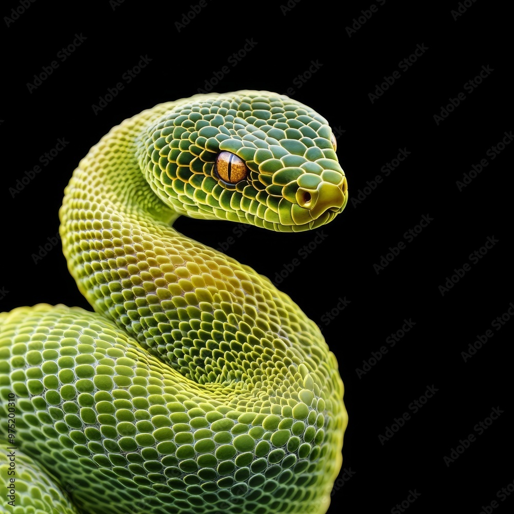 Fototapeta premium A modern and sleek digital illustration of a snake with intricate patterned scales coiled in a circle symbolizing transformation with a gradient of green and gold metallic accents